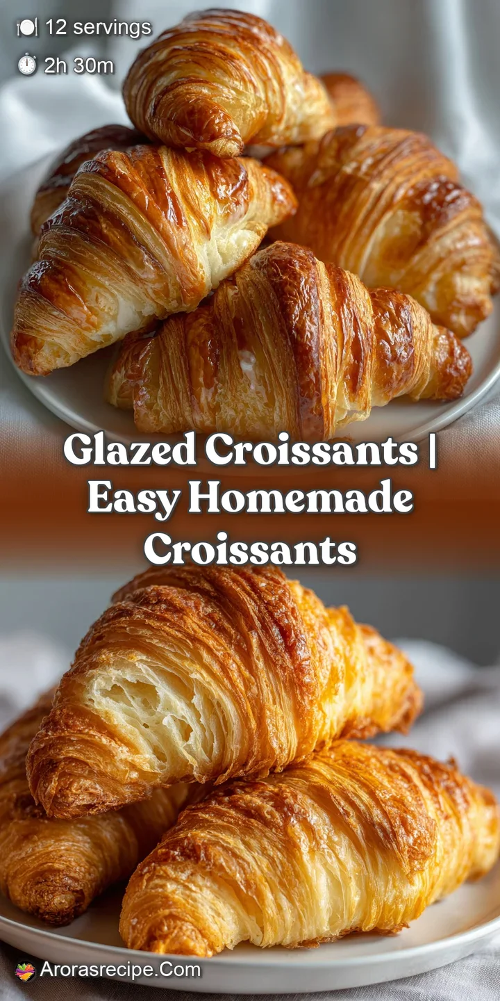 Close-up of a glazed croissant revealing its delicate, shatteringly crisp layers and glistening surface. Perfect golden-br...