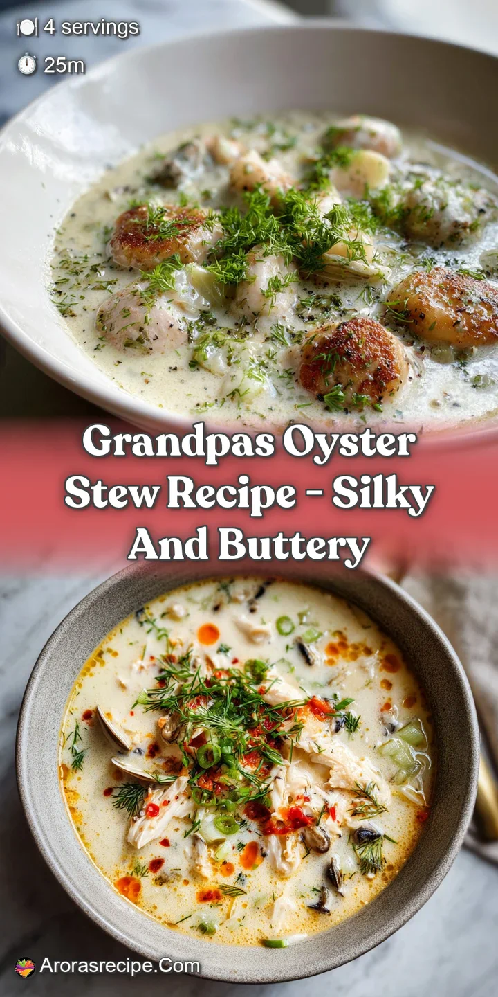 Close-up of oyster stew: plump oysters nestled in a rich, milky broth, glistening with melted butter and aromatic herbs.