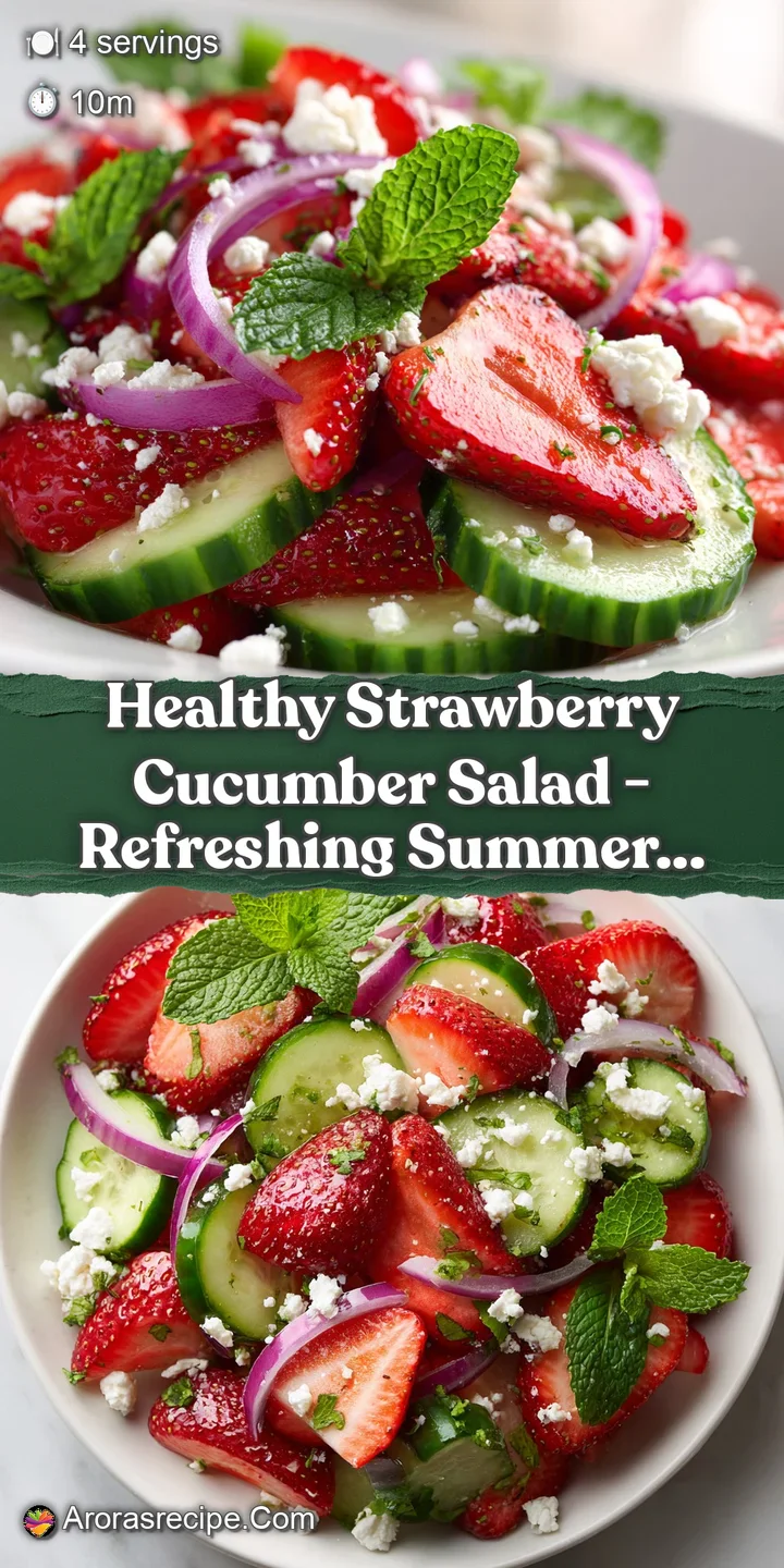 Close-up of glistening red strawberry slices and crunchy green cucumber tossed in a bright, glossy citrus dressing.