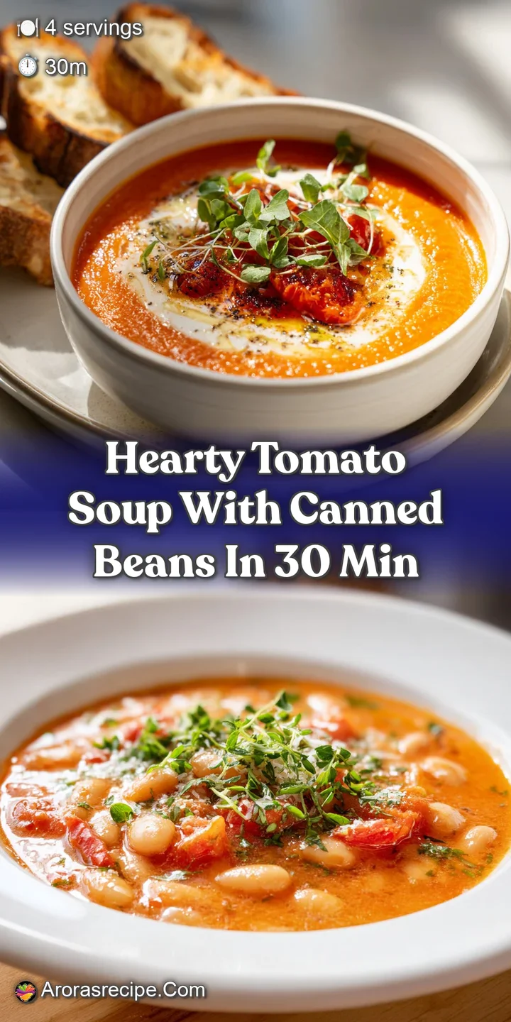 Close-up of rich, textured tomato soup with visible beans, herbs, and a glistening sheen, suggesting a flavorful, hearty m...