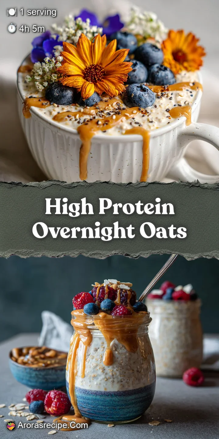 Close-up of creamy overnight oats with juicy berries and crunchy seeds. Light reflects off the glossy berries.