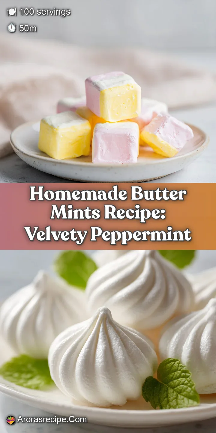 Close-up of a single, perfectly formed butter mint revealing a velvety, powdery texture with soft, rounded edges, inviting...