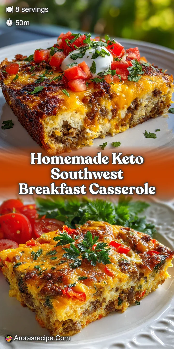 Close-up of savory breakfast casserole; melted cheese glistens atop browned sausage, with specks of green herbs and colorf...