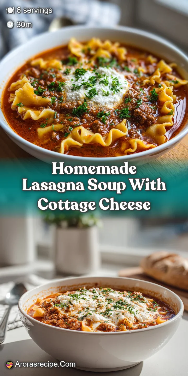 Close-up of vibrant lasagna soup showcasing rich tomato broth, soft noodles, and a creamy dollop of cottage cheese with fr...