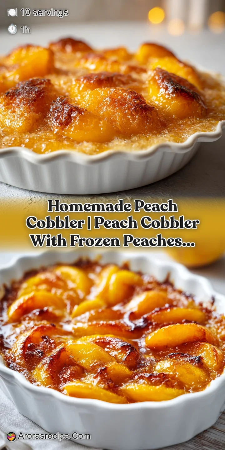 Close-up of bubbling, syrup-glazed peaches nestled under a crisp, buttery golden pastry topping with a sprinkle of sugar.