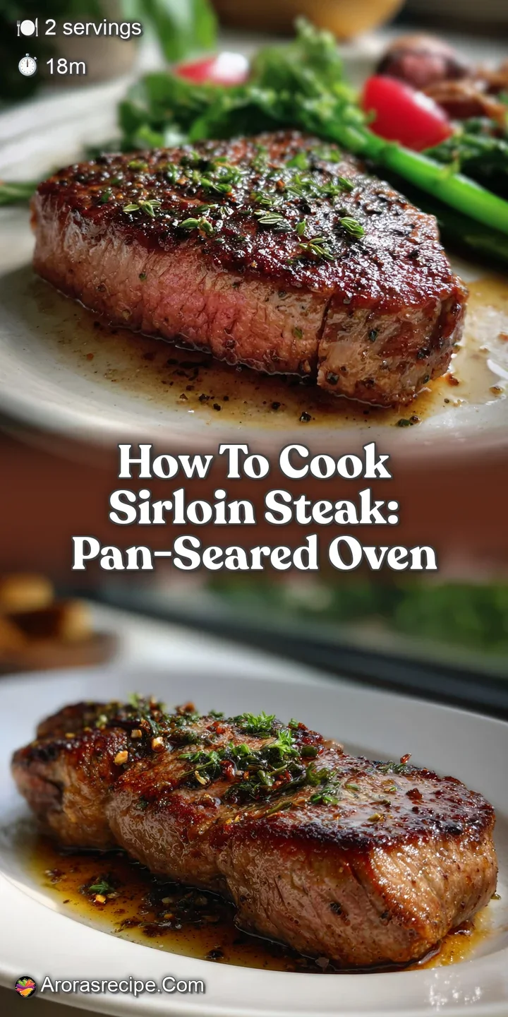 Close-up of a juicy, pan-seared sirloin steak showing a beautiful sear and tantalizing grill marks. Tender texture; flavor...