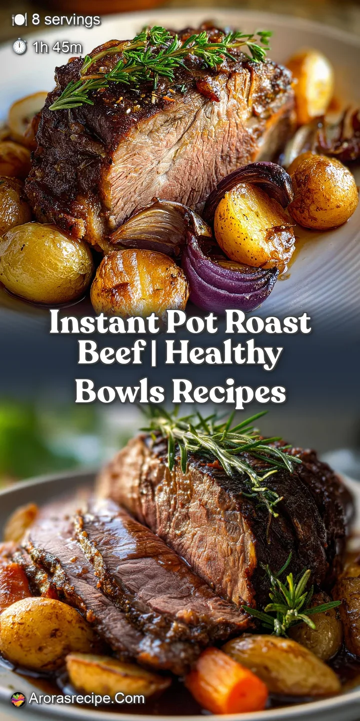 Close-up of succulent roast beef, revealing juicy, tender strands. A rich, dark gravy coats the meat, promising a flavorfu...