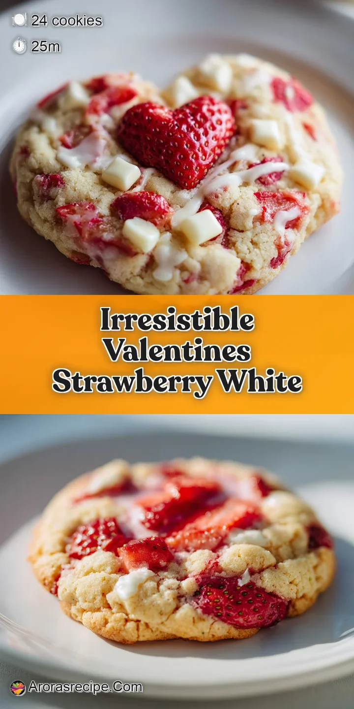Close-up of a strawberry white chocolate cookie showing melted white chocolate chips and a soft, chewy interior.