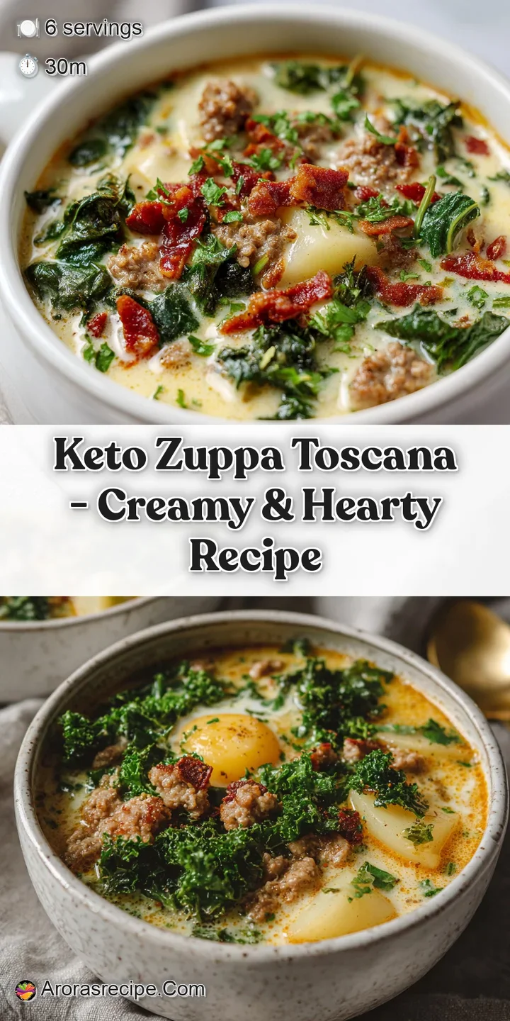 Close-up of rich, creamy soup swirling with savory sausage, chopped kale, and a glistening slick of flavorful oil. Invitin...