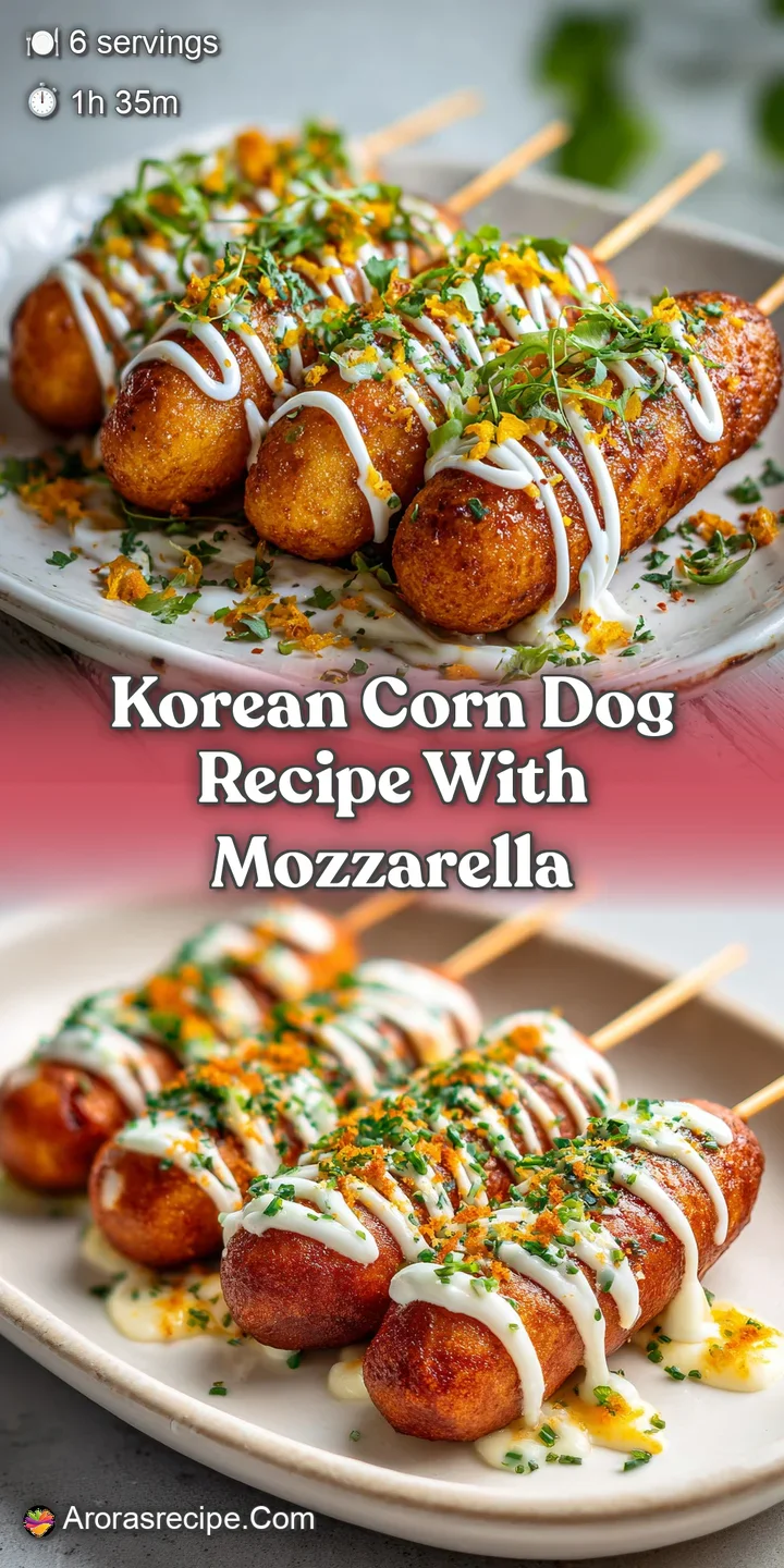 Close-up of a crispy Korean corn dog. Visible mozzarella cheese stretches from a bite, promising a delightful savory & swe...