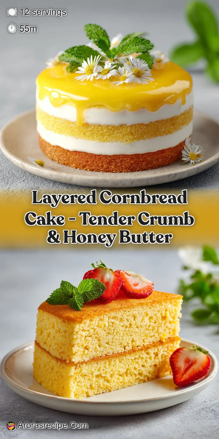 Close-up of layered cornbread cake reveals the texture and slight char of each layer. Honey pools invitingly on top.