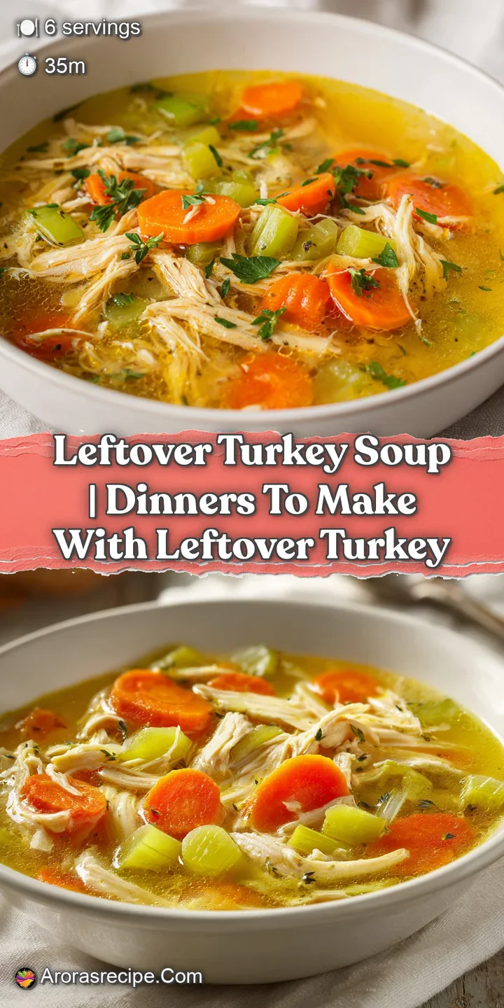 Close-up of steaming, golden-hued broth with chunks of succulent turkey and vibrant vegetables in a ceramic bowl.
