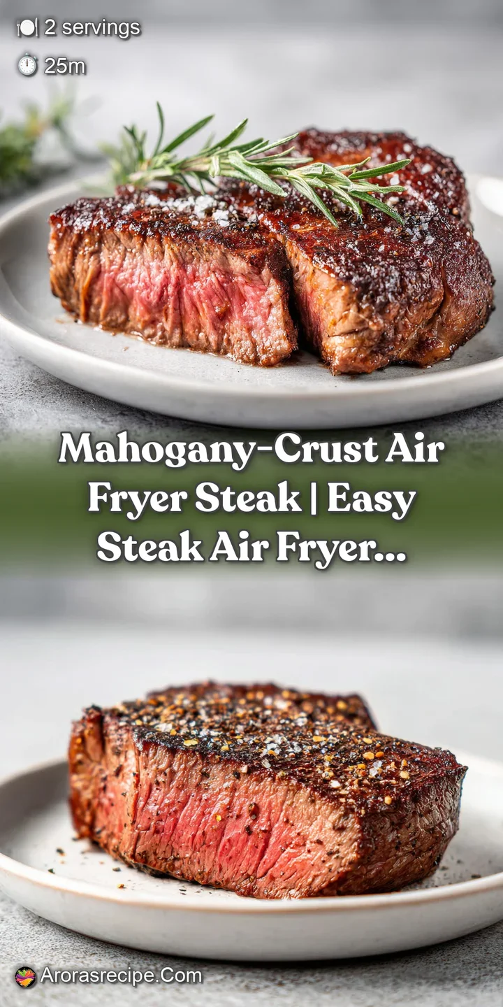 Close-up of air-fried steak's rich, dark crust, showing tender, slightly pink interior with melted butter.