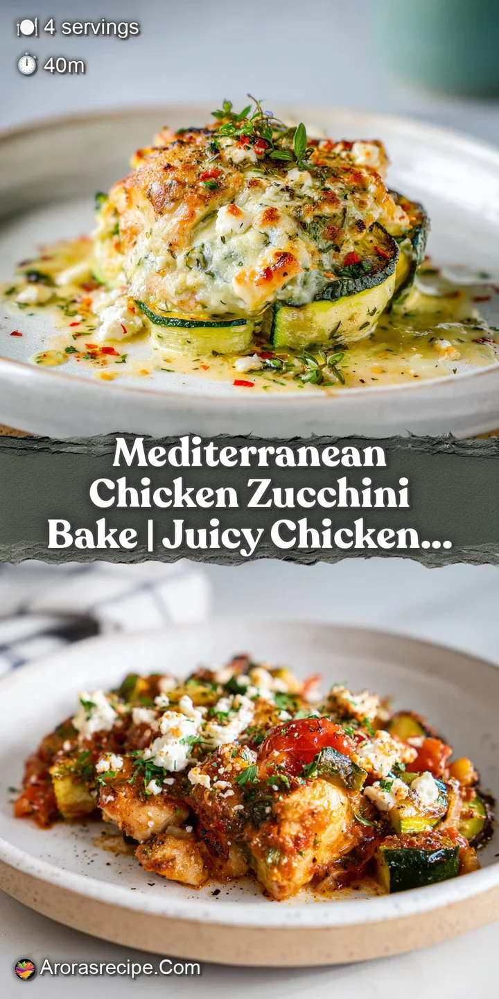 Close-up of creamy chicken and zucchini bake. Melted cheese glistens, with fresh herbs providing vibrant color and enticin...