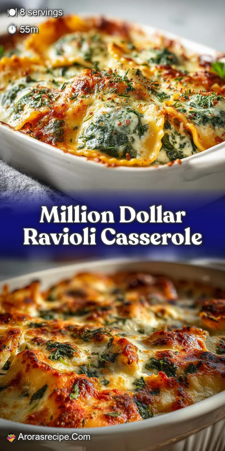 Close-up of a ravioli casserole, with bubbly cheese crust, rich tomato sauce, and hints of seasoned ground beef visible in...