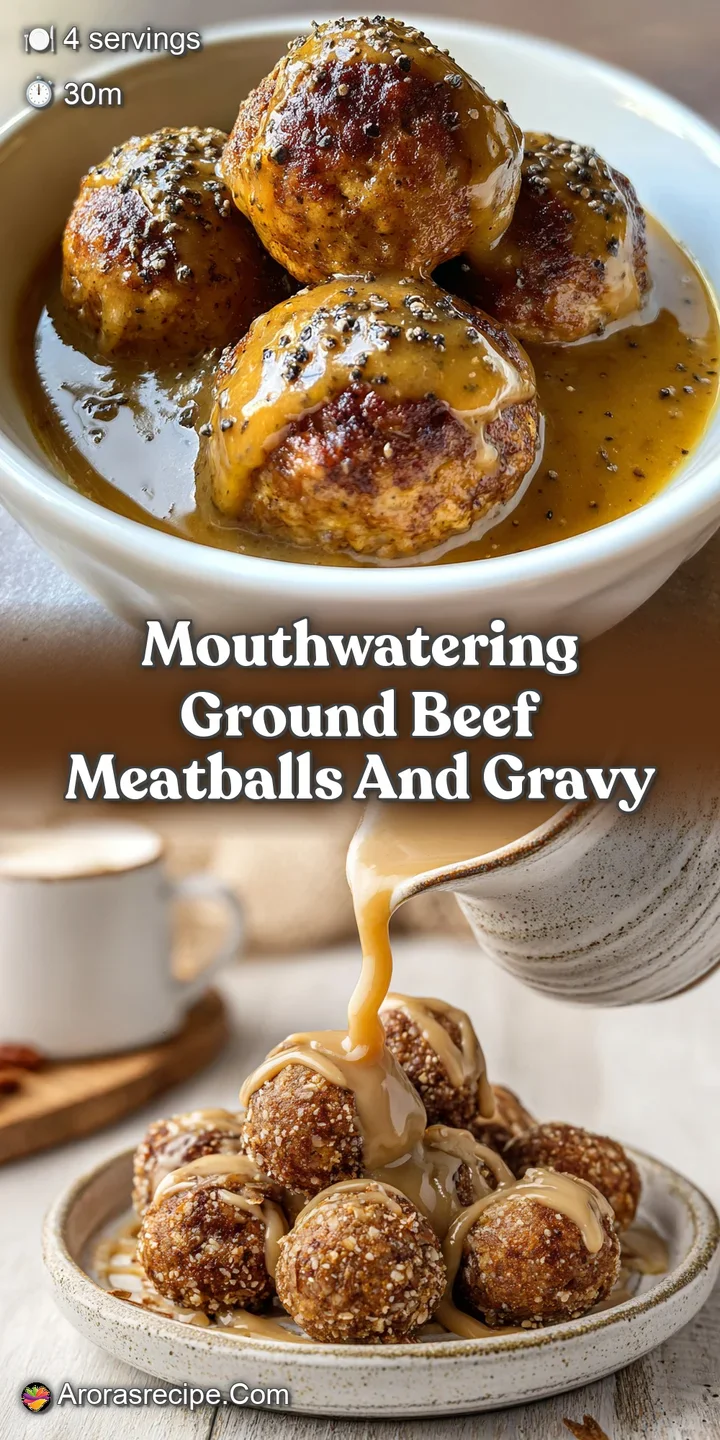 Close-up: Juicy, savory meatballs smothered in luscious gravy, glistening with savory fat, promising a hearty bite.
