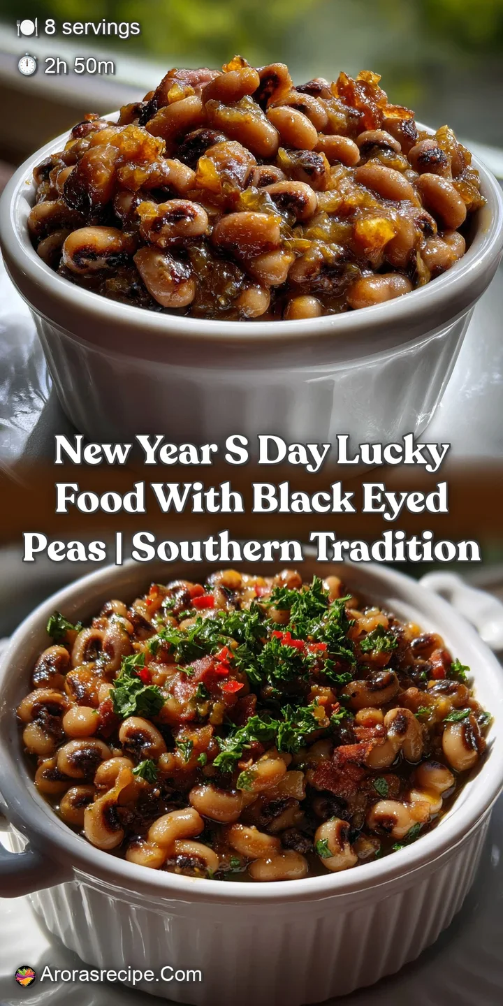 Close-up view of velvety black-eyed peas, a rich, earthy stew, with a hint of steam, promising warmth and good fortune for...