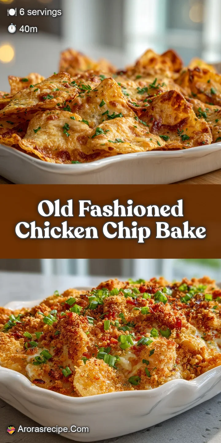 Close-up of a bubbling, golden chicken bake with crisp, crumbled potato chip topping and creamy sauce, enticing and flavor...