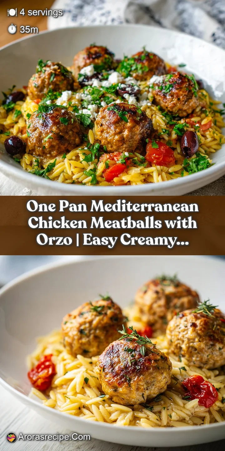 Close-up of plump, golden chicken meatballs in soft orzo, glistening with herbs and a touch of lemon zest.
