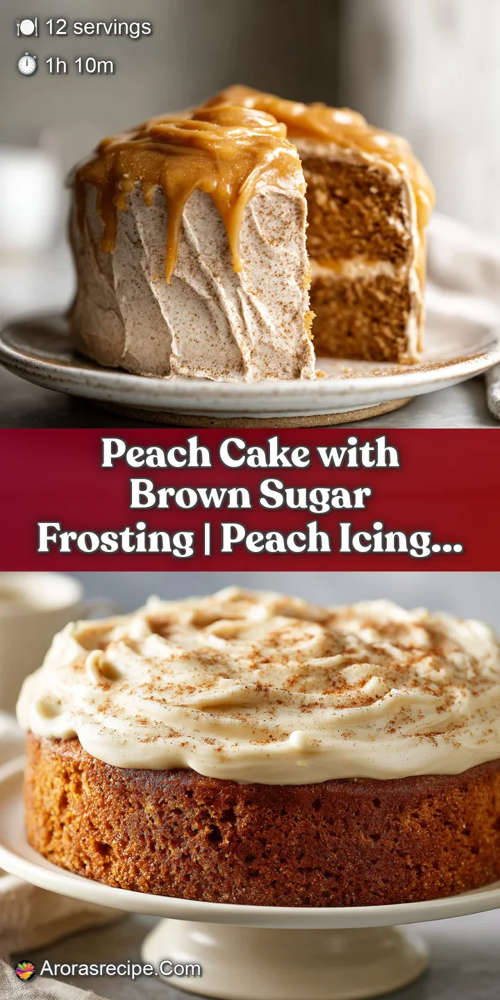 Close-up of moist peach cake revealing a swirl of brown sugar frosting; visible peach chunks invite a sweet, juicy bite.