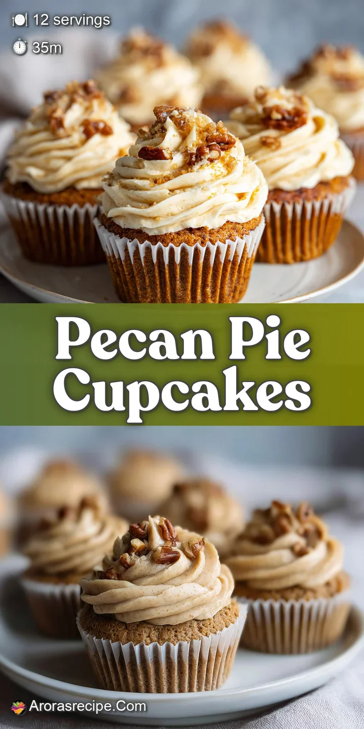 Close-up of a pecan pie cupcake: golden brown crust, gooey pecan filling peeking out, and creamy, swirled brown sugar fros...