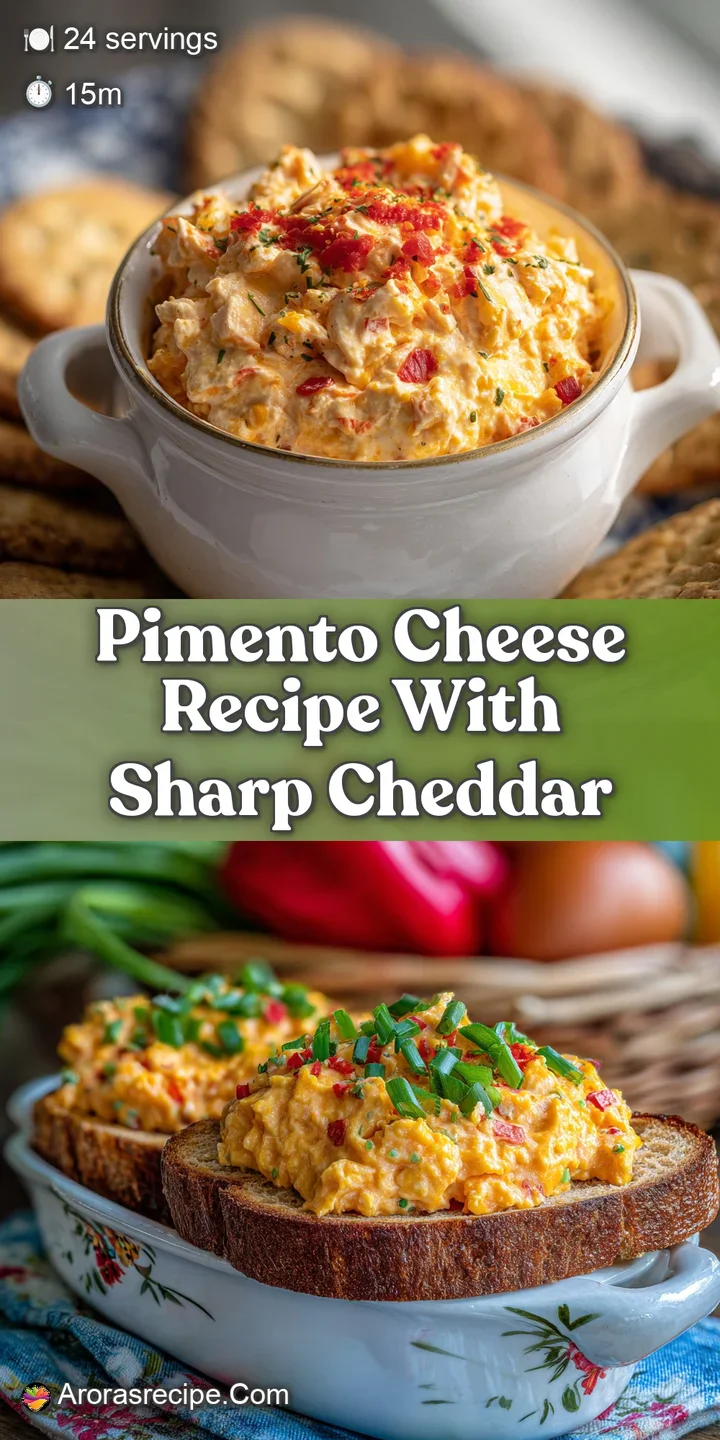 Close-up shot of homemade pimento cheese: a vibrant mix of orange and white with flecks of red pimento peppers. Smooth & ...