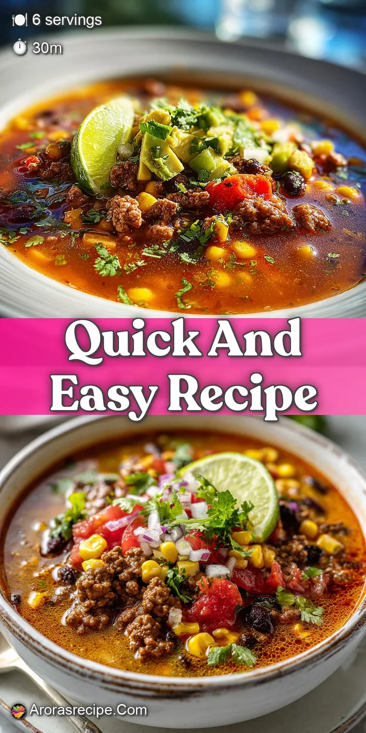 Close-up of simmering taco soup: Rich, textured ground beef, plump beans, and bright vegetables in a savory, spicy broth.