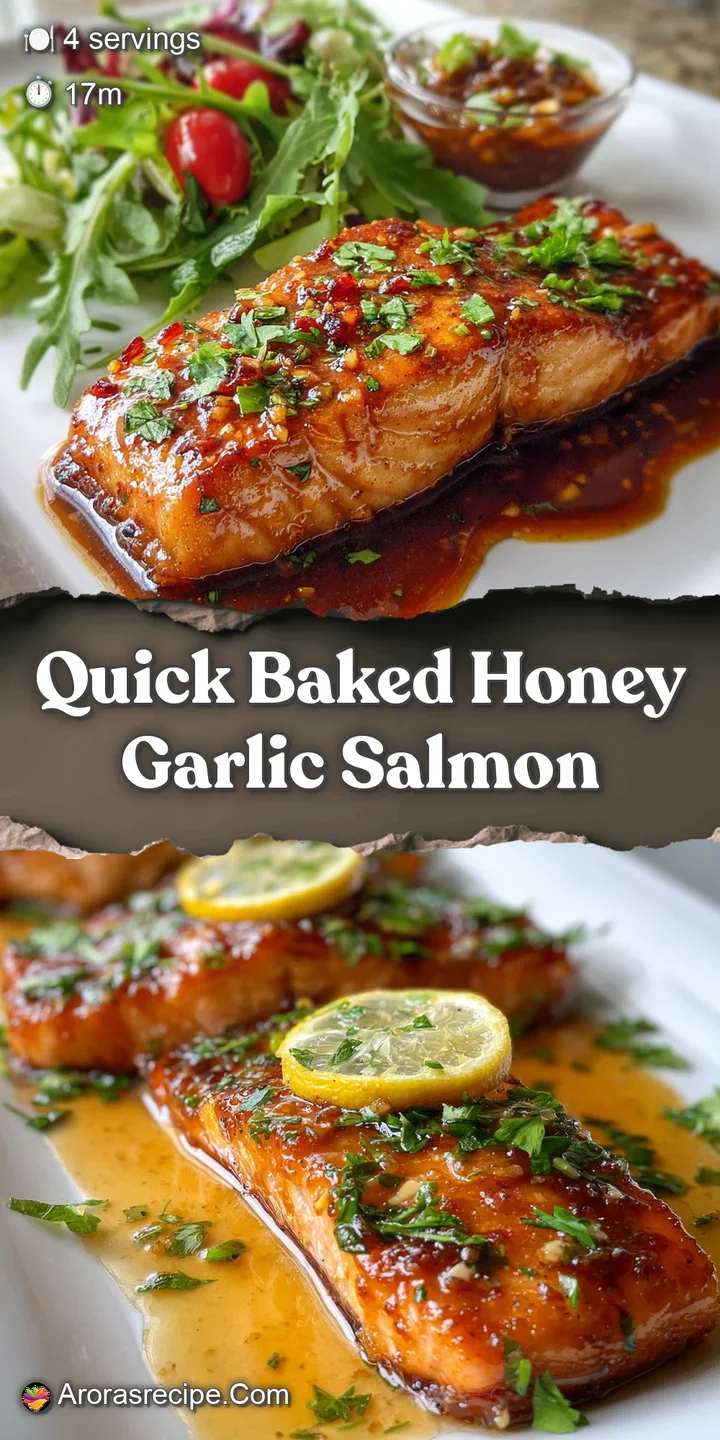 Close-up of honey garlic salmon with caramelized glaze, showcasing the crispy texture and moist, flaky layers of the baked...