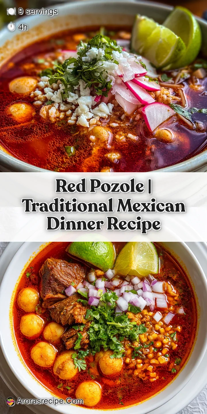 Close-up of rich, red pozole with visible hominy kernels, glistening with chili oil, and fresh toppings creating texture.