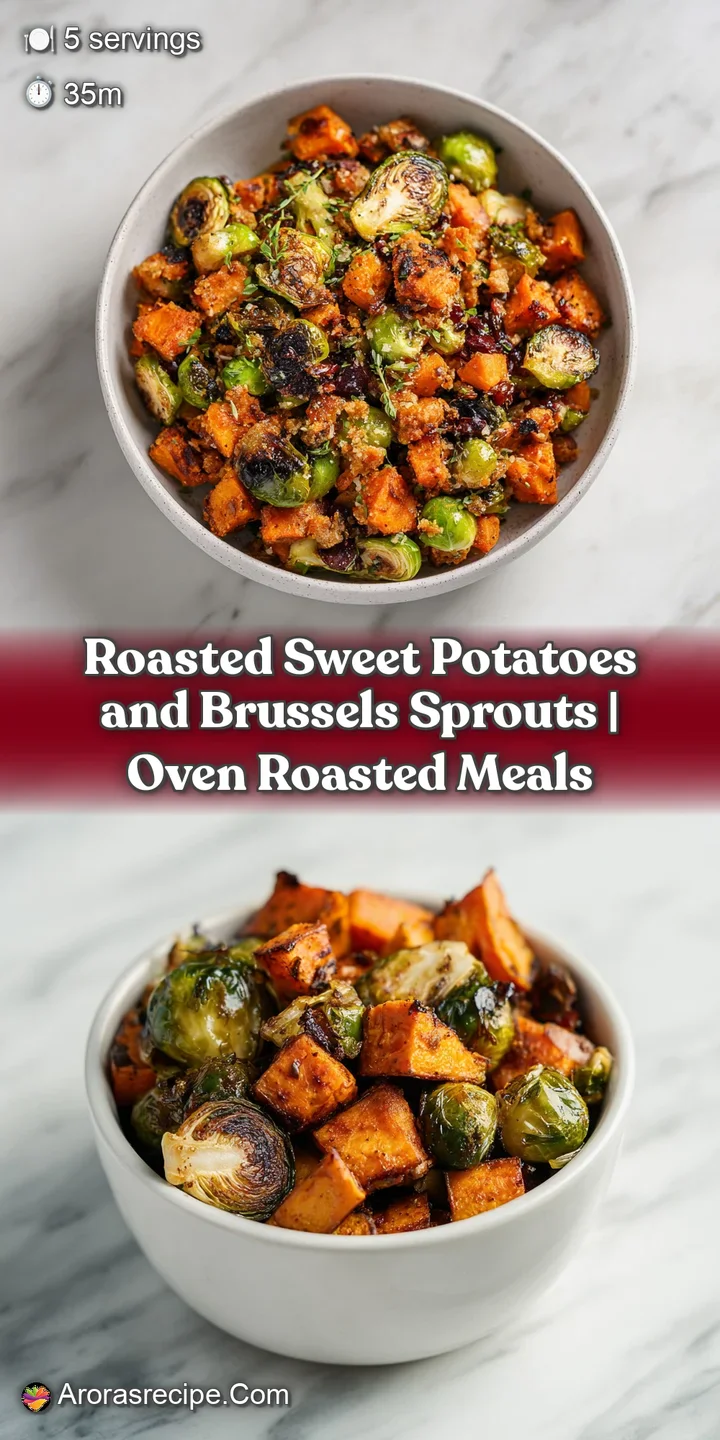 Close-up of glazed sweet potatoes and sprouts, capturing the textures: crisp edges, soft interiors, and herb flecks. A war...