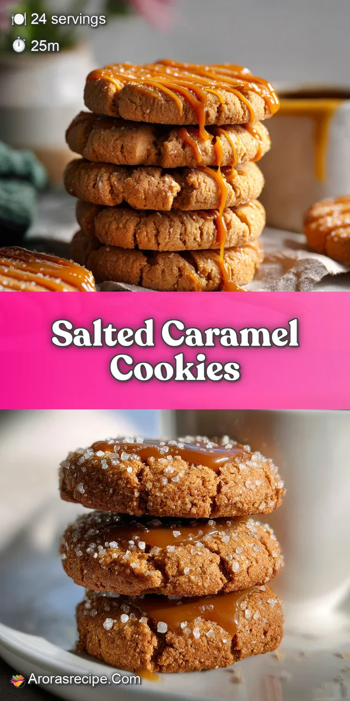 Close-up of a chewy salted caramel cookie, highlighting the gooey caramel pull and sprinkle of coarse sea salt.