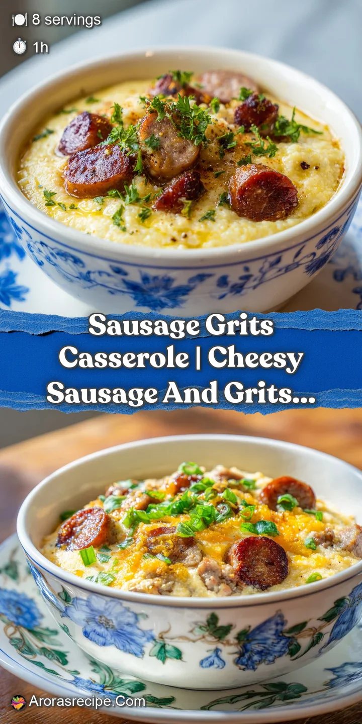 Close-up of fluffy grits topped with glistening, browned sausage pieces and a hint of melted cheese.