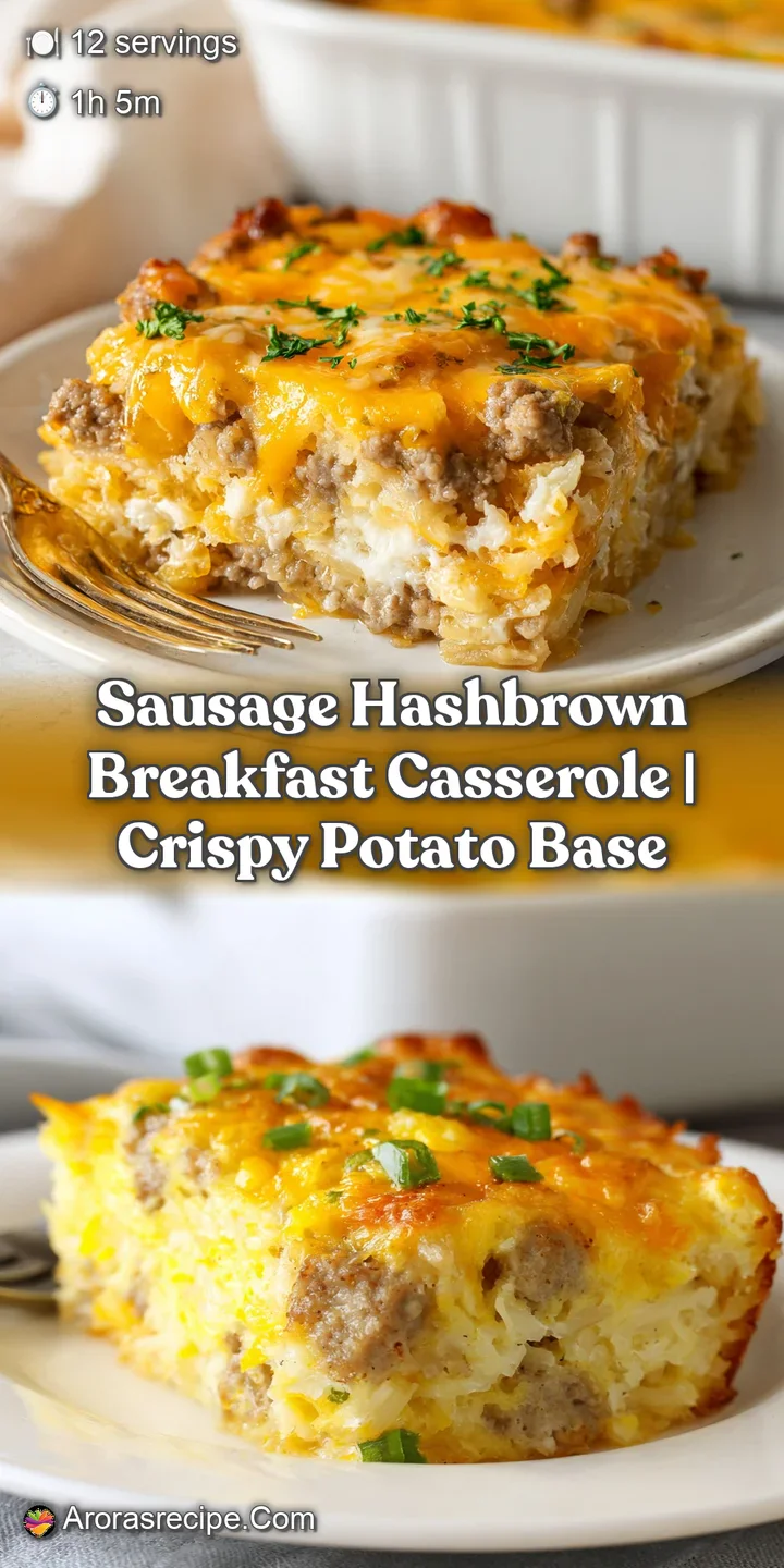 Close-up on sausage and hash brown casserole, showing crispy potato edges, browned sausage and melted cheese for a comfort...