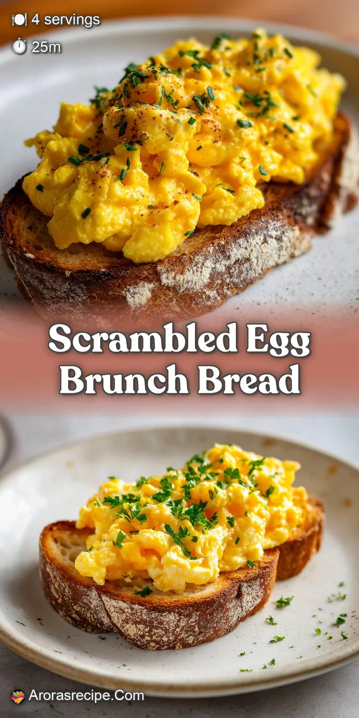 Close-up shot of creamy, vibrant yellow scrambled eggs piled high on crusty golden-brown bread, sprinkled with herbs and p...