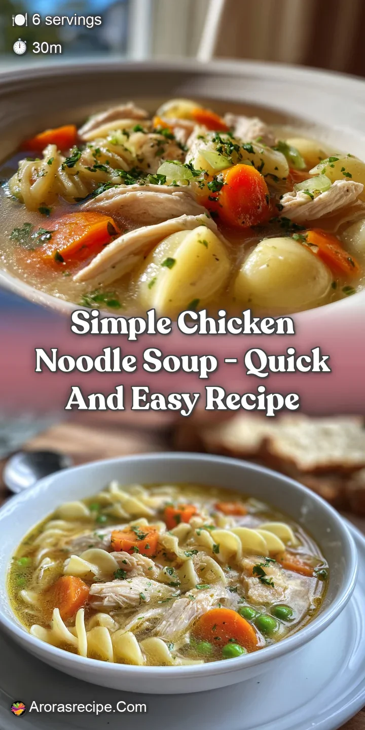 Close-up of soft egg noodles and shredded chicken in a shimmering, clear broth. Glistening droplets suggest warmth and fla...