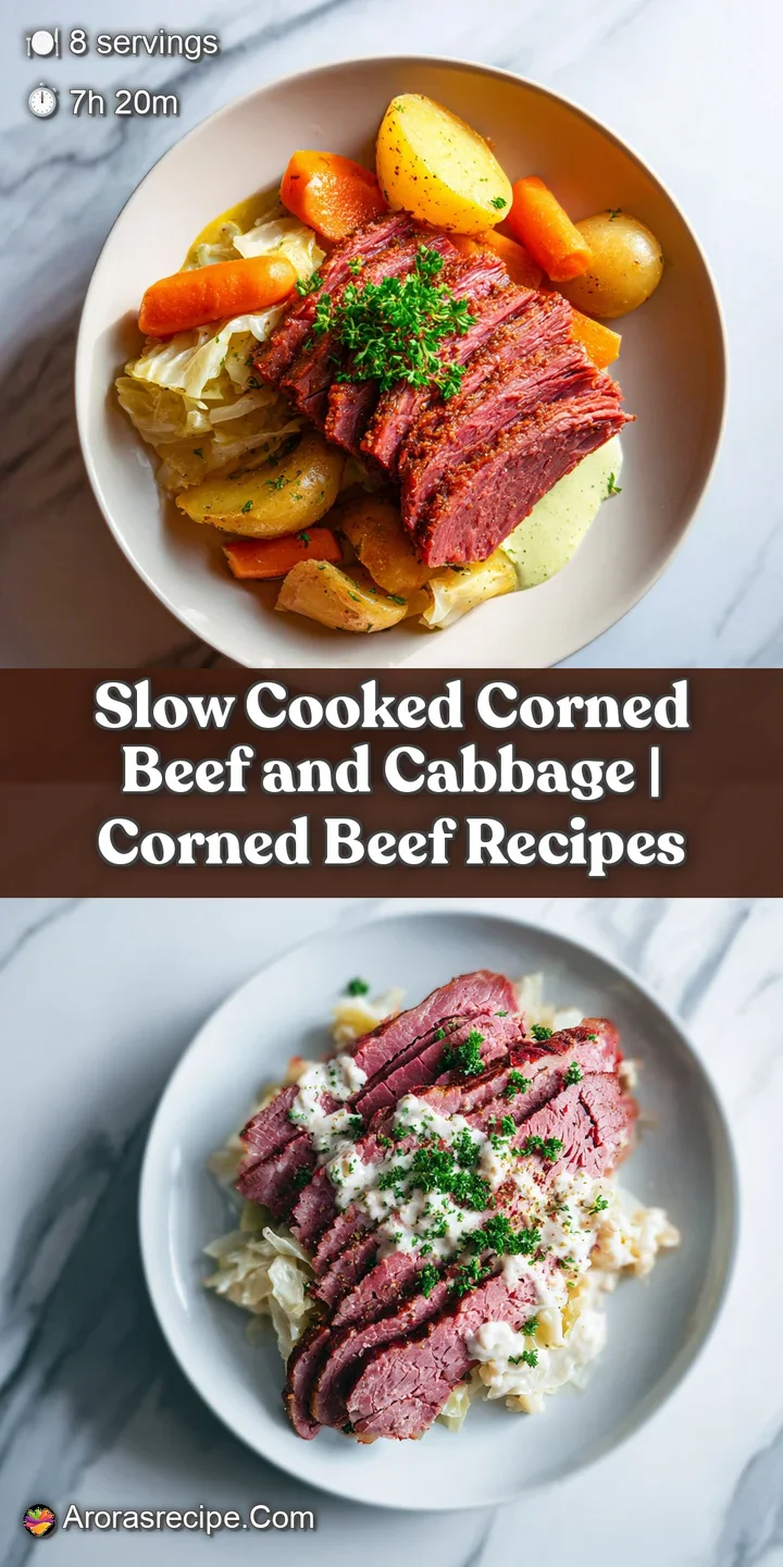 Close-up of fork-tender corned beef, its pinkish-red hue contrasting with bright, wilted green cabbage