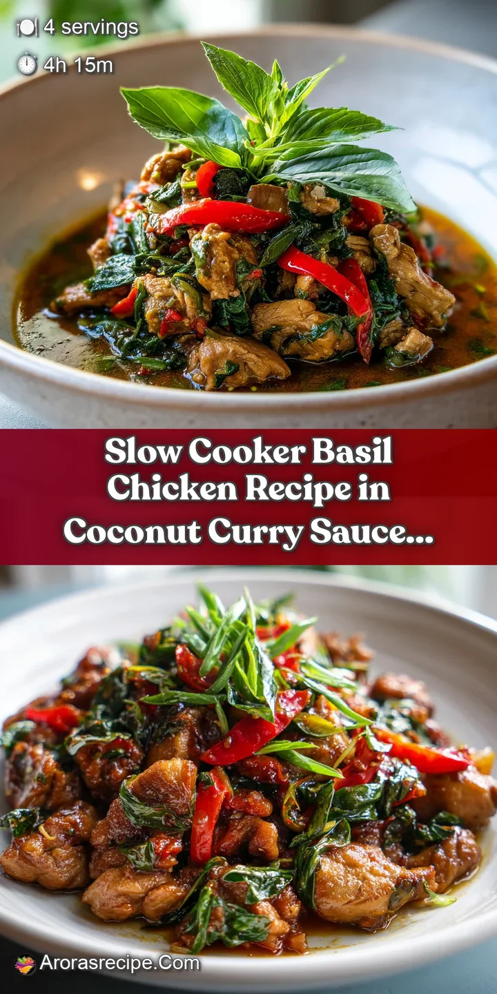 Close-up: tender chicken simmers in rich, golden coconut curry sauce, flecked with emerald basil leaves for an inviting ar...