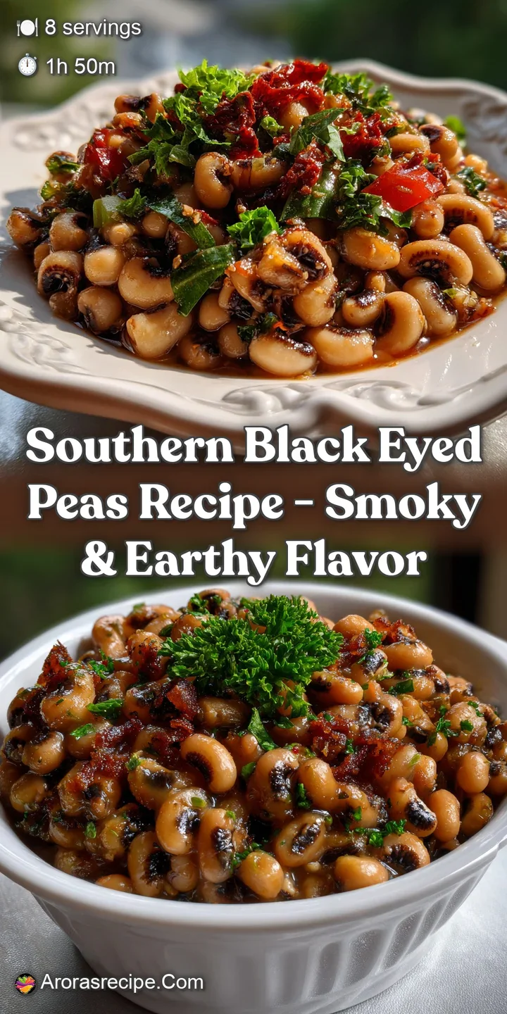 Close-up of steaming black-eyed peas, their plump bodies glistening with moisture. The rich, savory broth hints at a slow-...