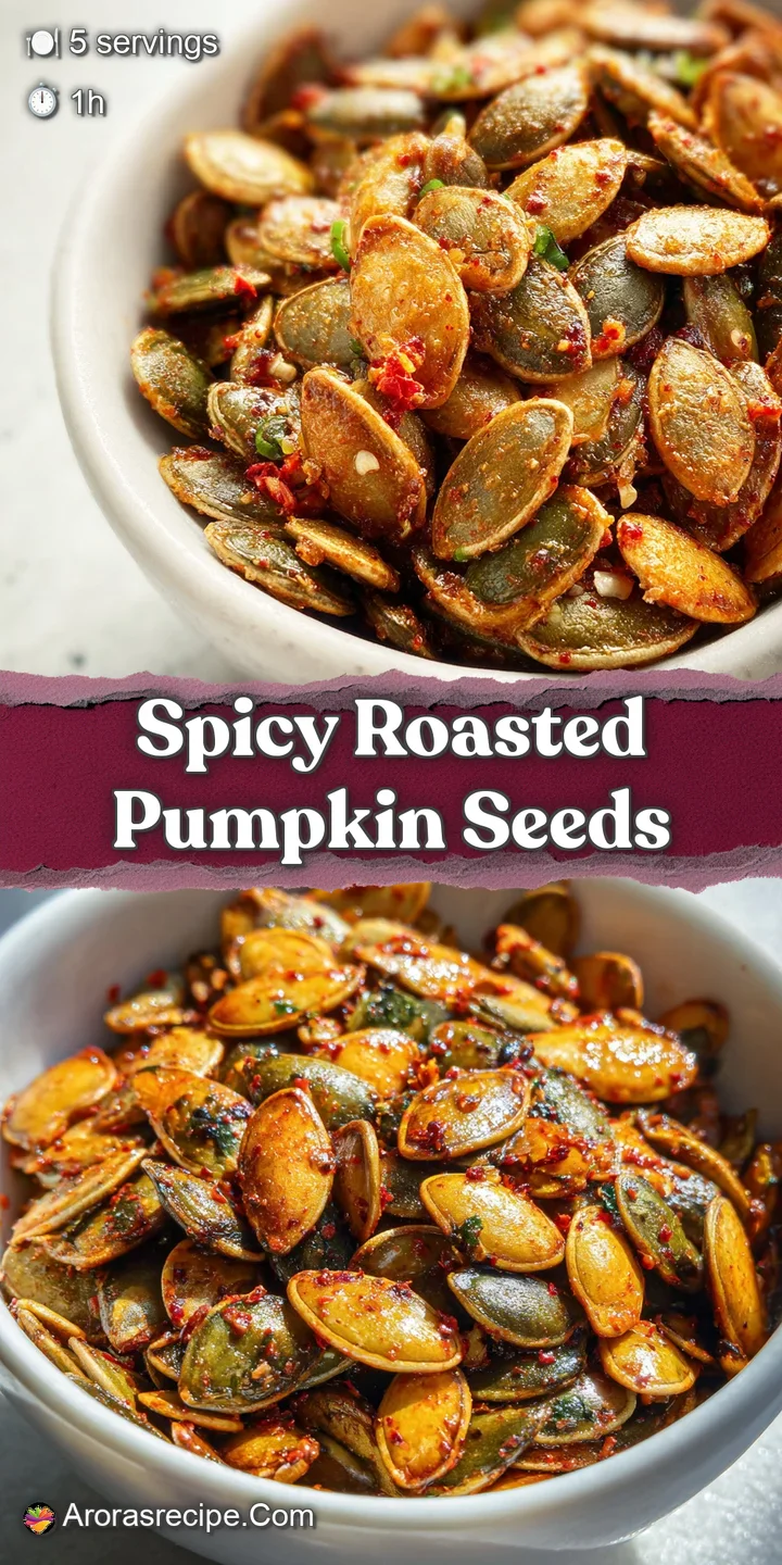 Close-up of a handful of toasted pumpkin seeds showing textures: bumpy, shiny, and coated in vibrant chili powder.
