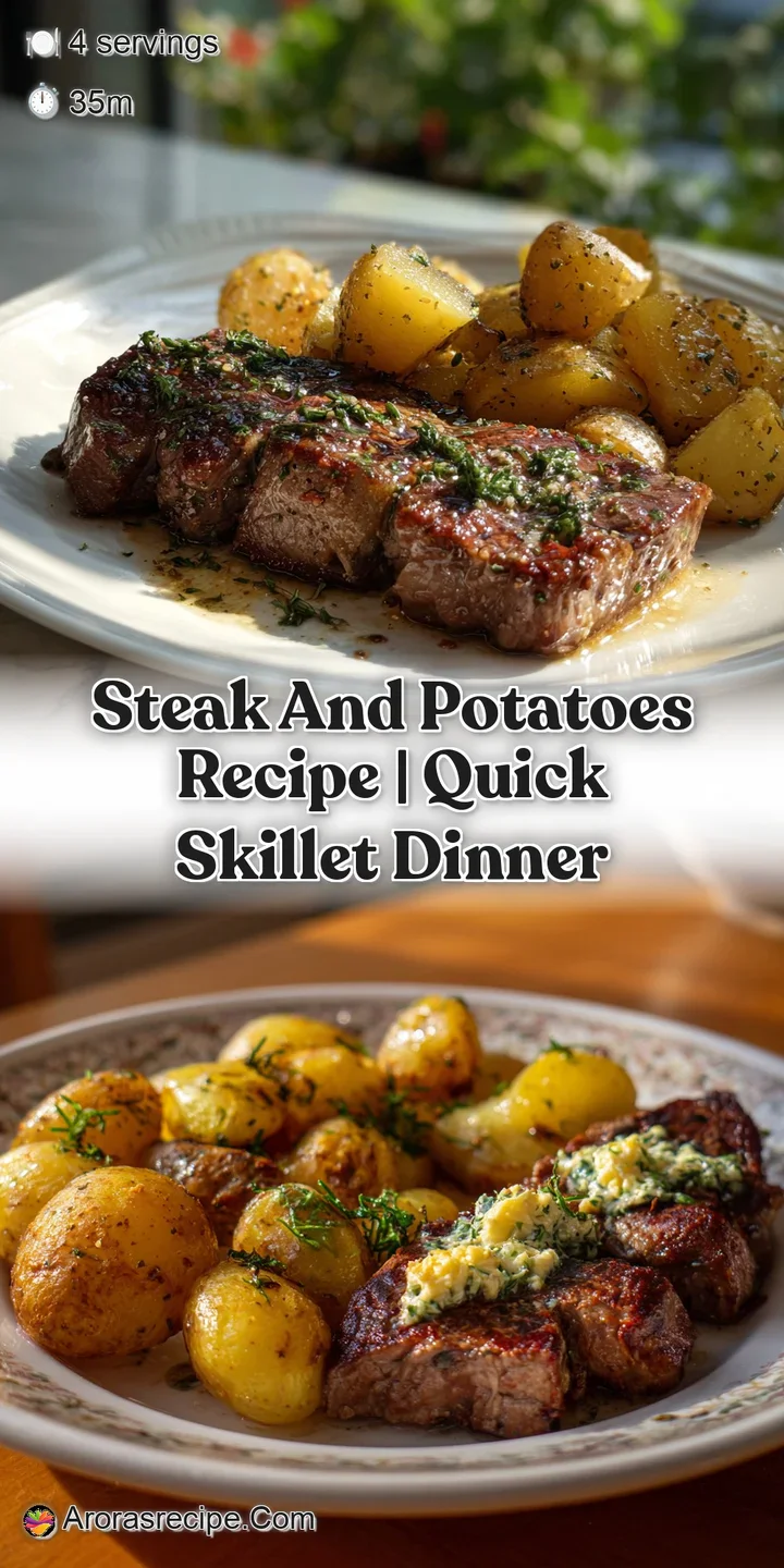 Close-up of juicy steak, glistening with juices, paired with golden-brown potatoes and aromatic herbs. An irresistible bite!