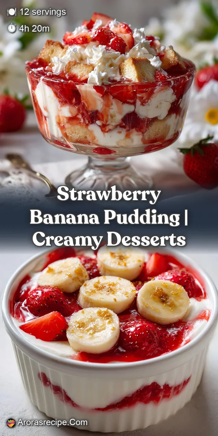 Close-up of a spoonful of strawberry banana pudding, showcasing the textures of the creamy pudding, soft bananas, and juic...