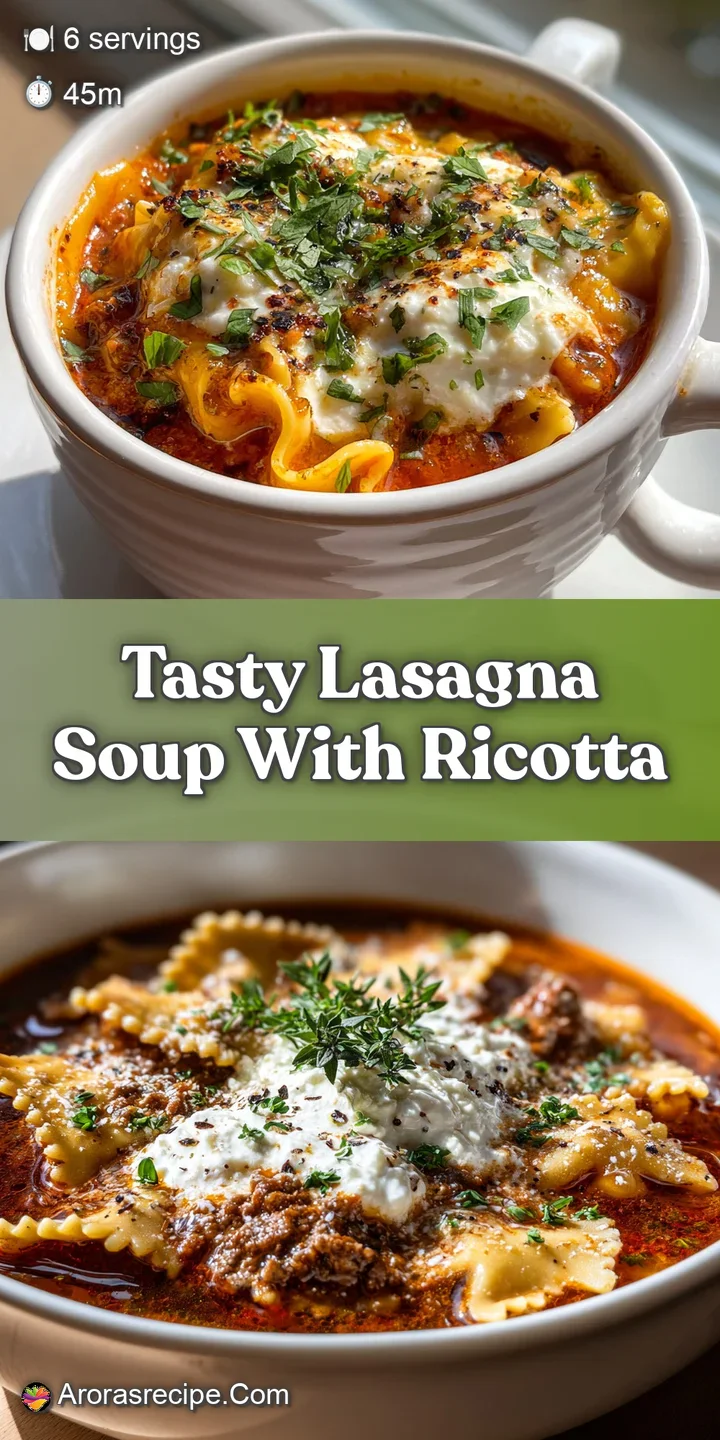 Close-up of steaming lasagna soup. Rich, red broth clings to wavy noodles, promising a hearty and flavorful experience.