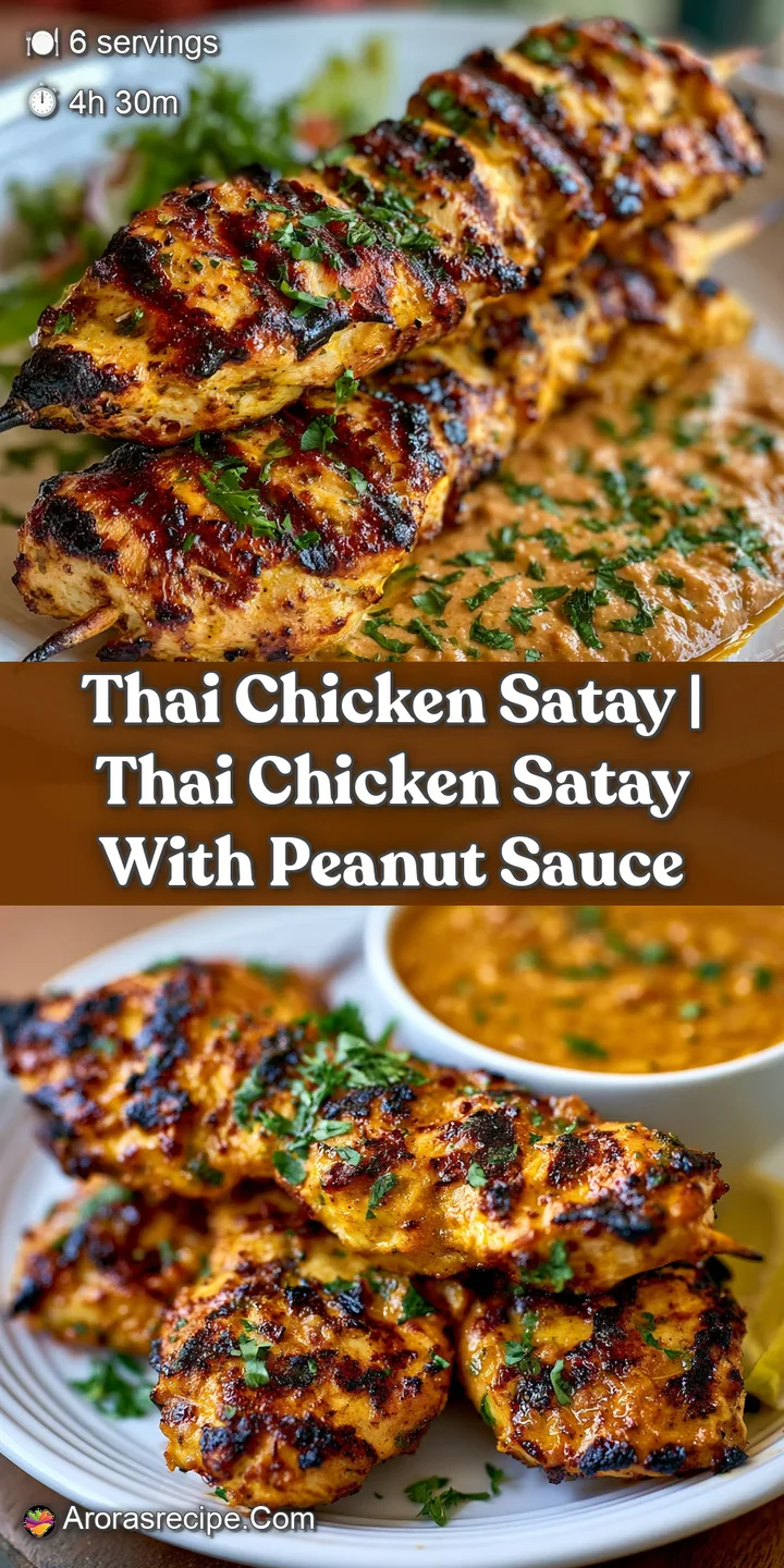 Extreme close-up of a glistening, grilled meat skewer being dipped into a thick, creamy peanut sauce with nut bits.