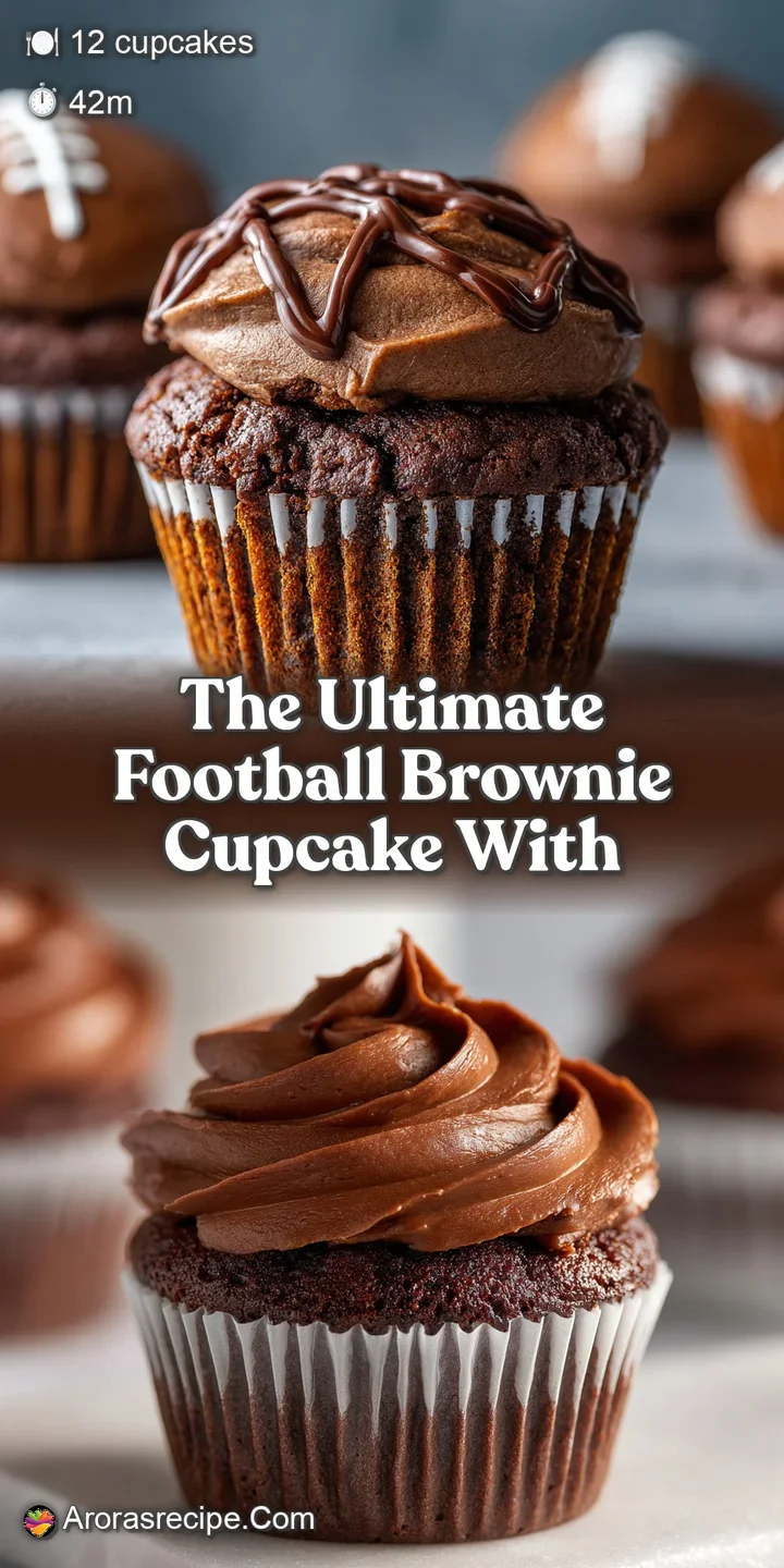 Close-up of a football brownie cupcake revealing glossy chocolate frosting and vibrant sprinkles atop a moist, fudgy brown...