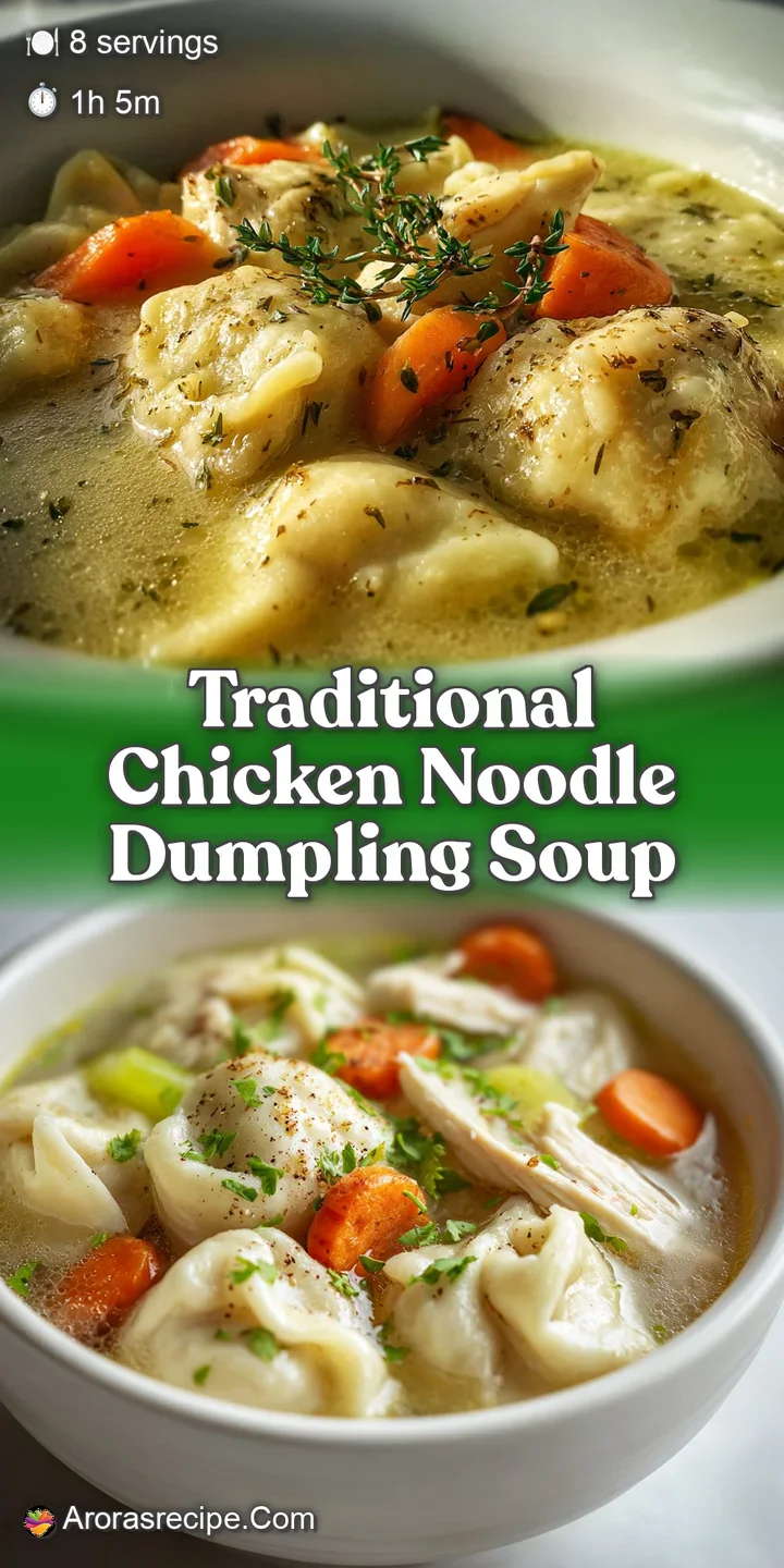 Close-up of a golden-hued chicken noodle soup, showcasing tender chicken pieces, soft dumplings, and vibrant green herbs.