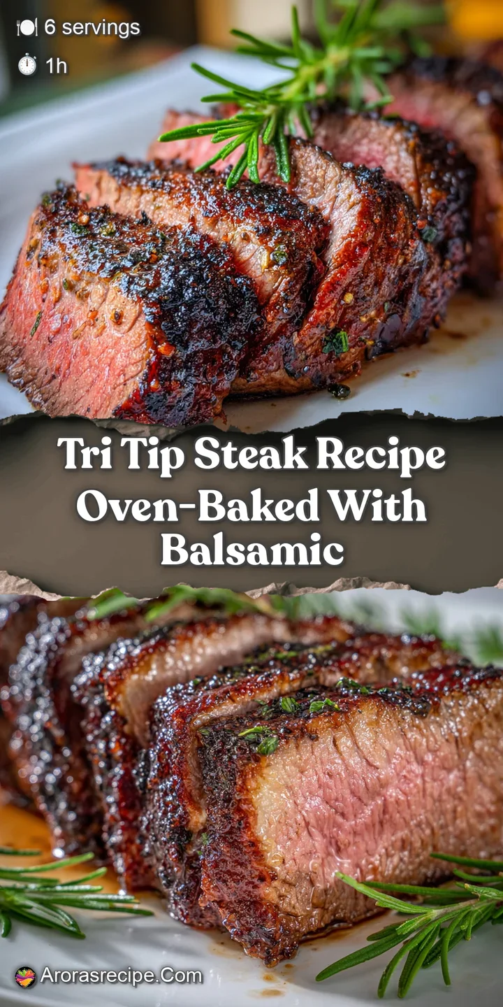 Close-up reveals juicy, tender slices of oven-baked tri-tip steak, richly browned with a shimmering balsamic marinade crust.