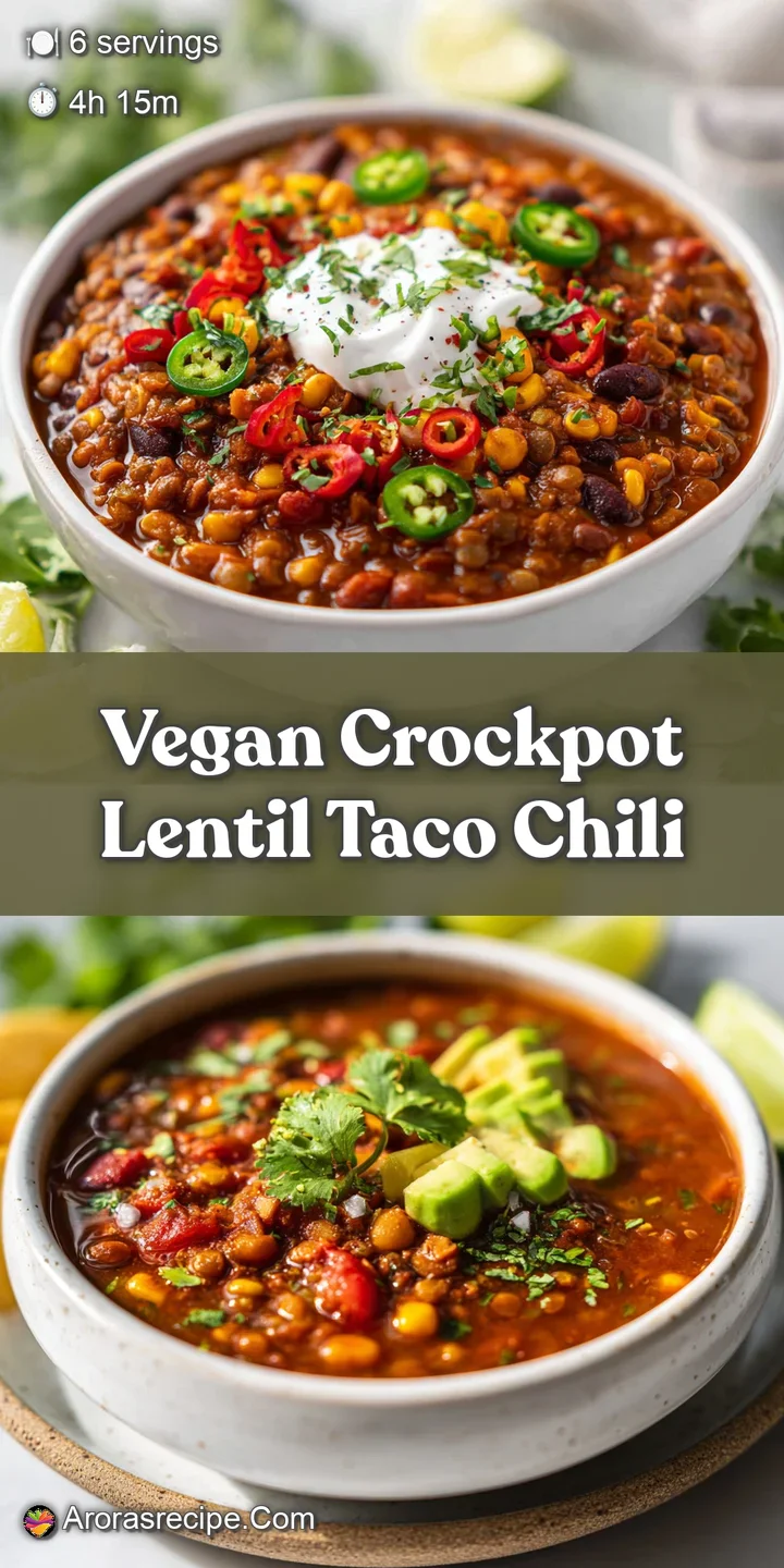 Close-up of rich, dark brown lentil chili, showcasing the textures of soft lentils, vibrant vegetables, and a dollop of co...