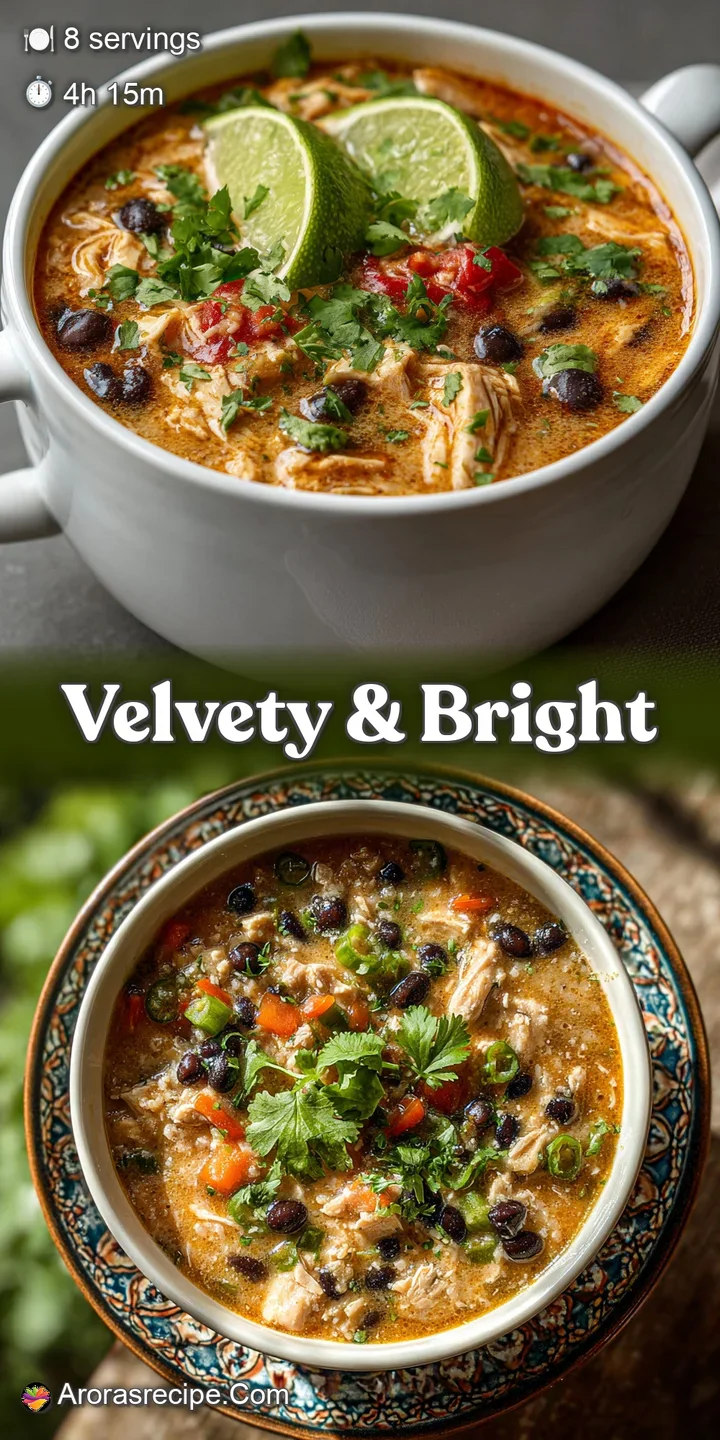 Close-up of tender shredded chicken and plump black beans in a rich, creamy white chili, promising a flavorful and satisfy...