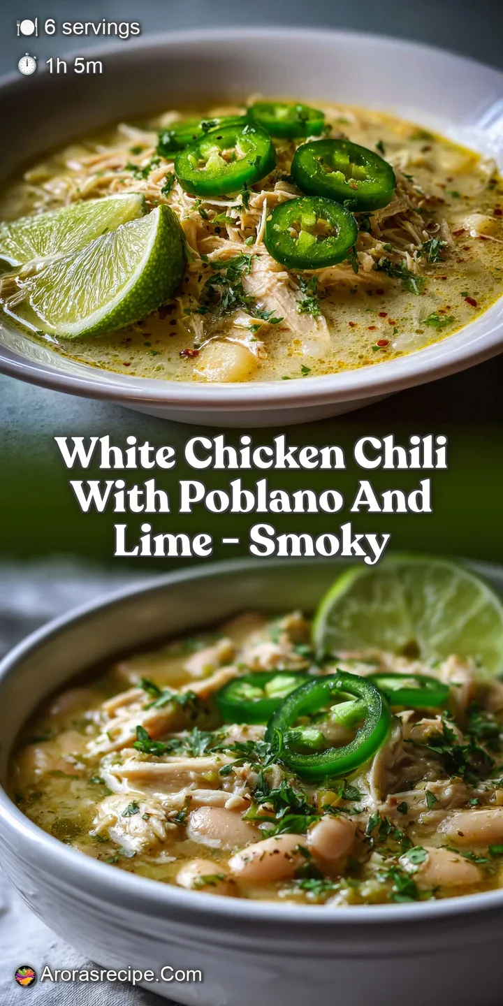 Close-up of smoky white chicken chili with visible chunks of chicken, poblano peppers, and a velvety broth.
