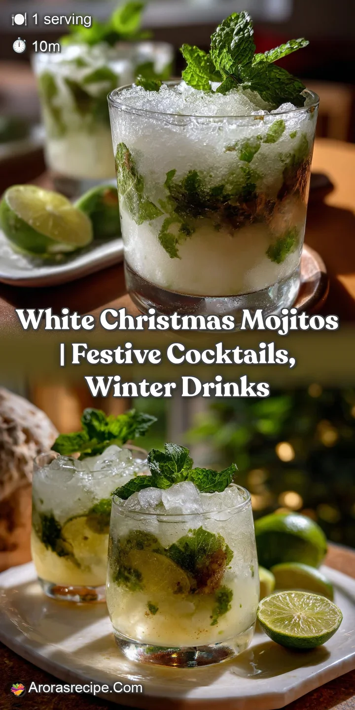 Close-up of a refreshing cocktail with a vibrant white hue, flecks of coconut, and scattered mint leaves; a tempting, icy ...